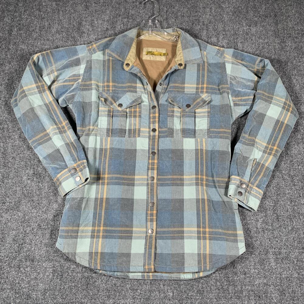 PrAna Shirt Womens Medium Blue Plaid Corduroy Snap Front Lined Casual Top